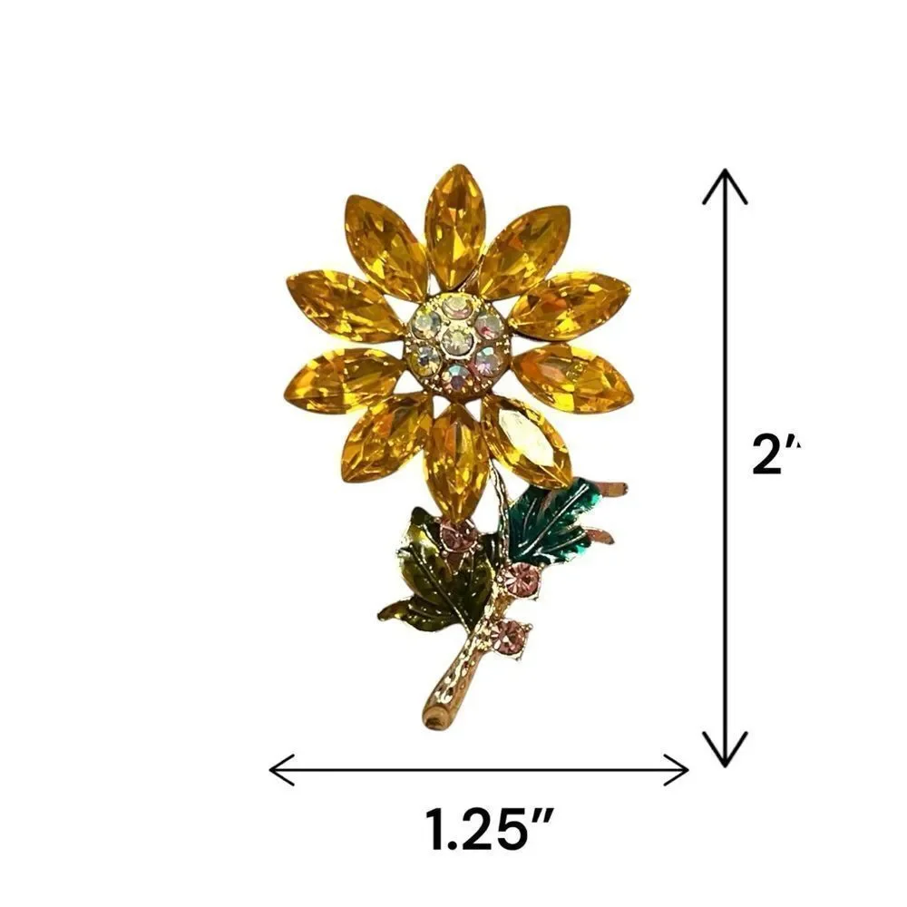 Rhinestone Yellow Sunflower Gold Tone Brooch